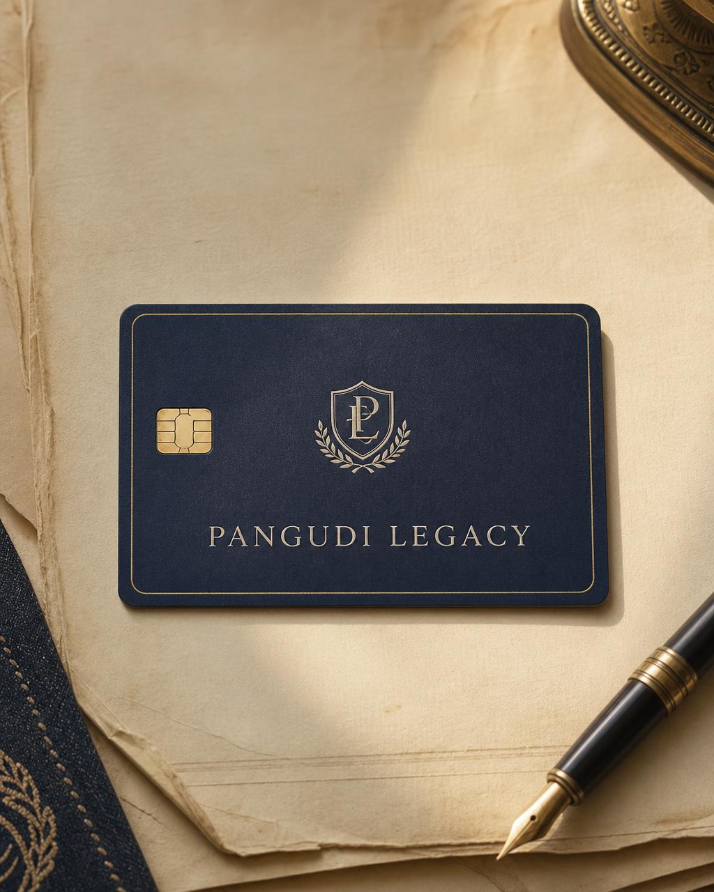 Navy Pangudi Legacy e-money card with gold crest monogram on aged paper
